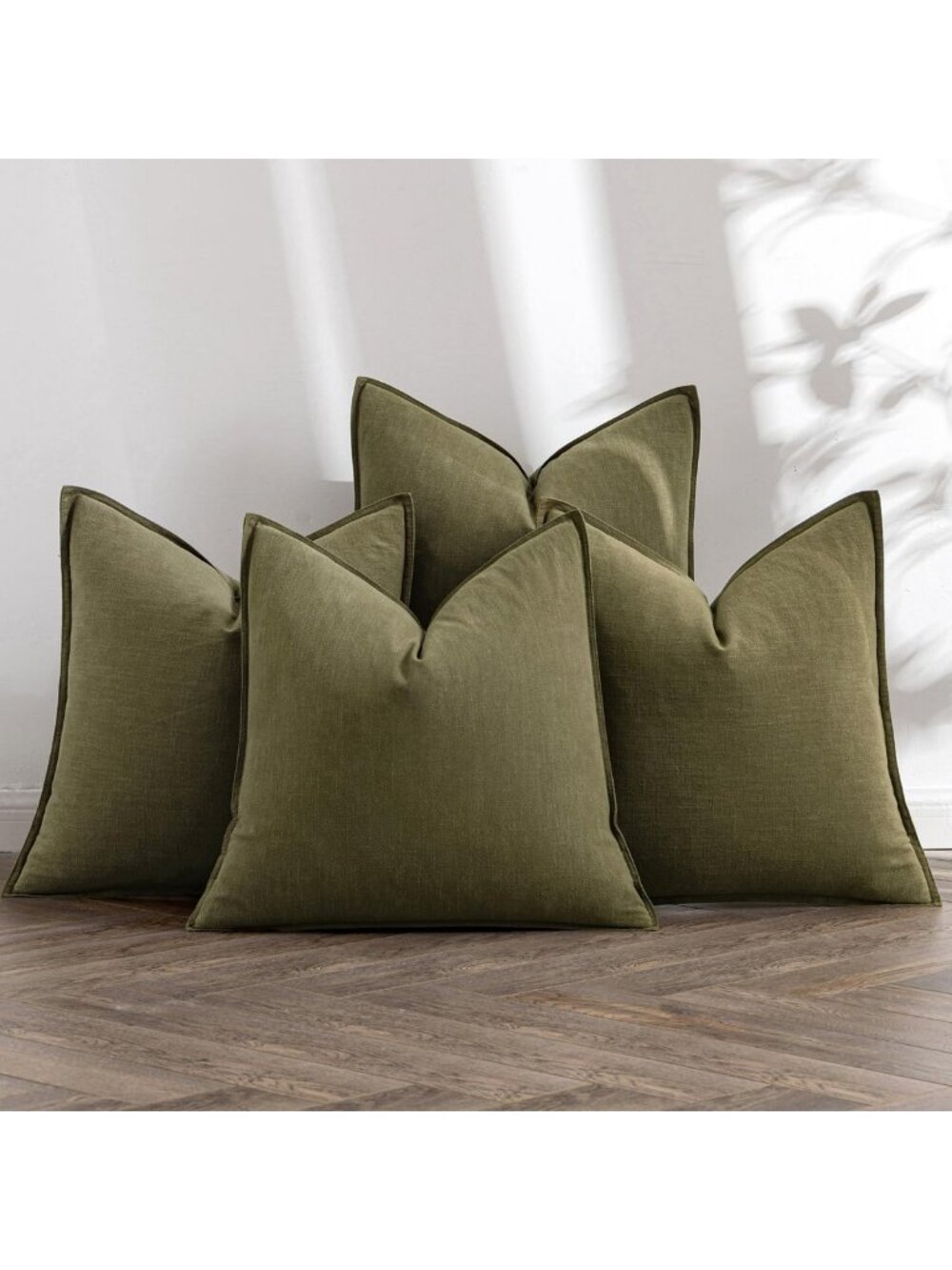 Olive Green Boho Linen Pillow Covers 20x20 Inch Set of 4 - Cozy Home Decor